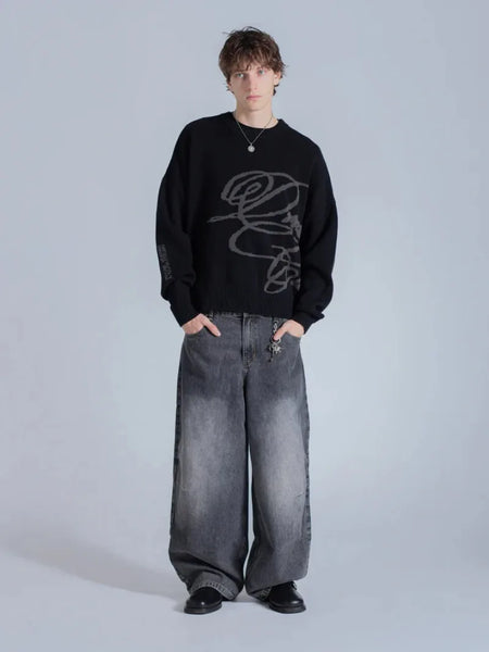 Casual High Street Fashion Round Neck Sweater Women Retro Warm Loose Top American Hip Hop Trendy Brand Oversized Sweater Men