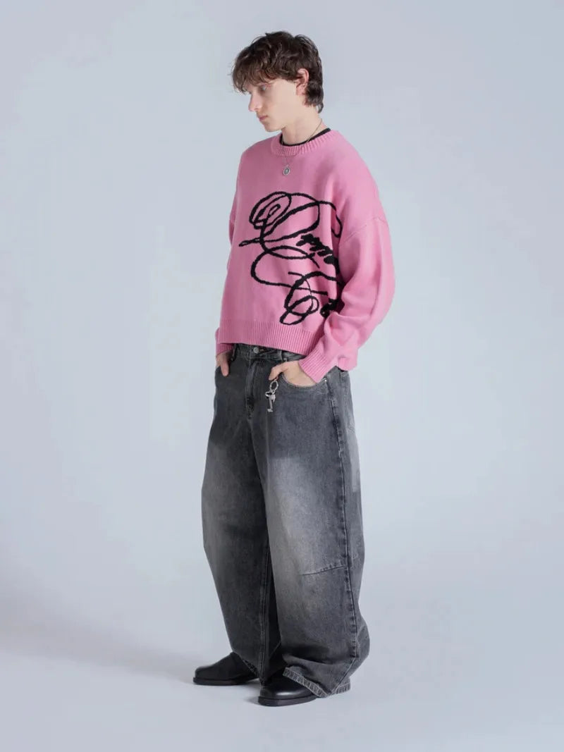 Casual High Street Fashion Round Neck Sweater Women Retro Warm Loose Top American Hip Hop Trendy Brand Oversized Sweater Men