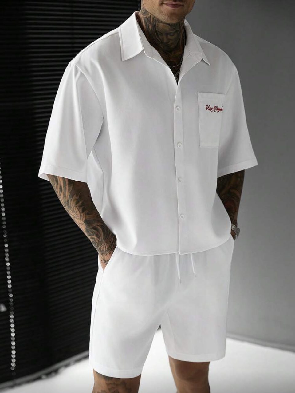 Los Angeles Embroidered Shirt and Shorts Set White