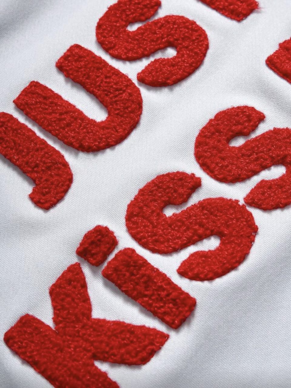 Just Kiss Me We Can Talk Later T-Shirt White - Red Towel Embroidery
