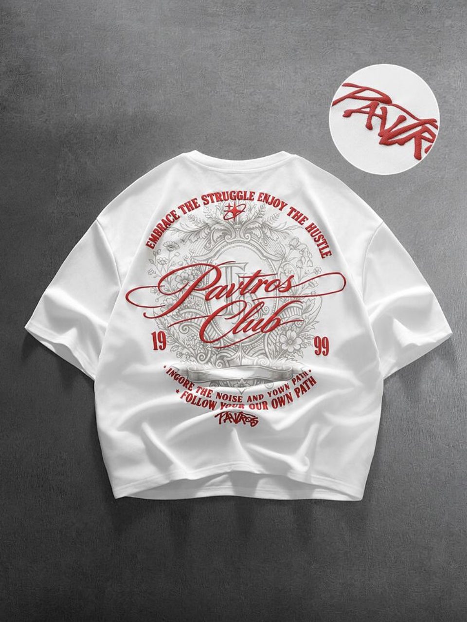 Club 1999 Graphic T-Shirt White - Red Vintage Badge Back Print