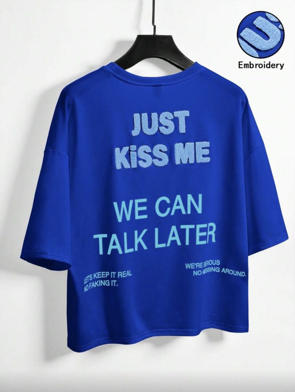 Just Kiss Me T-Shirt Royal Blue - Sky Blue Towel Embroidery Tee