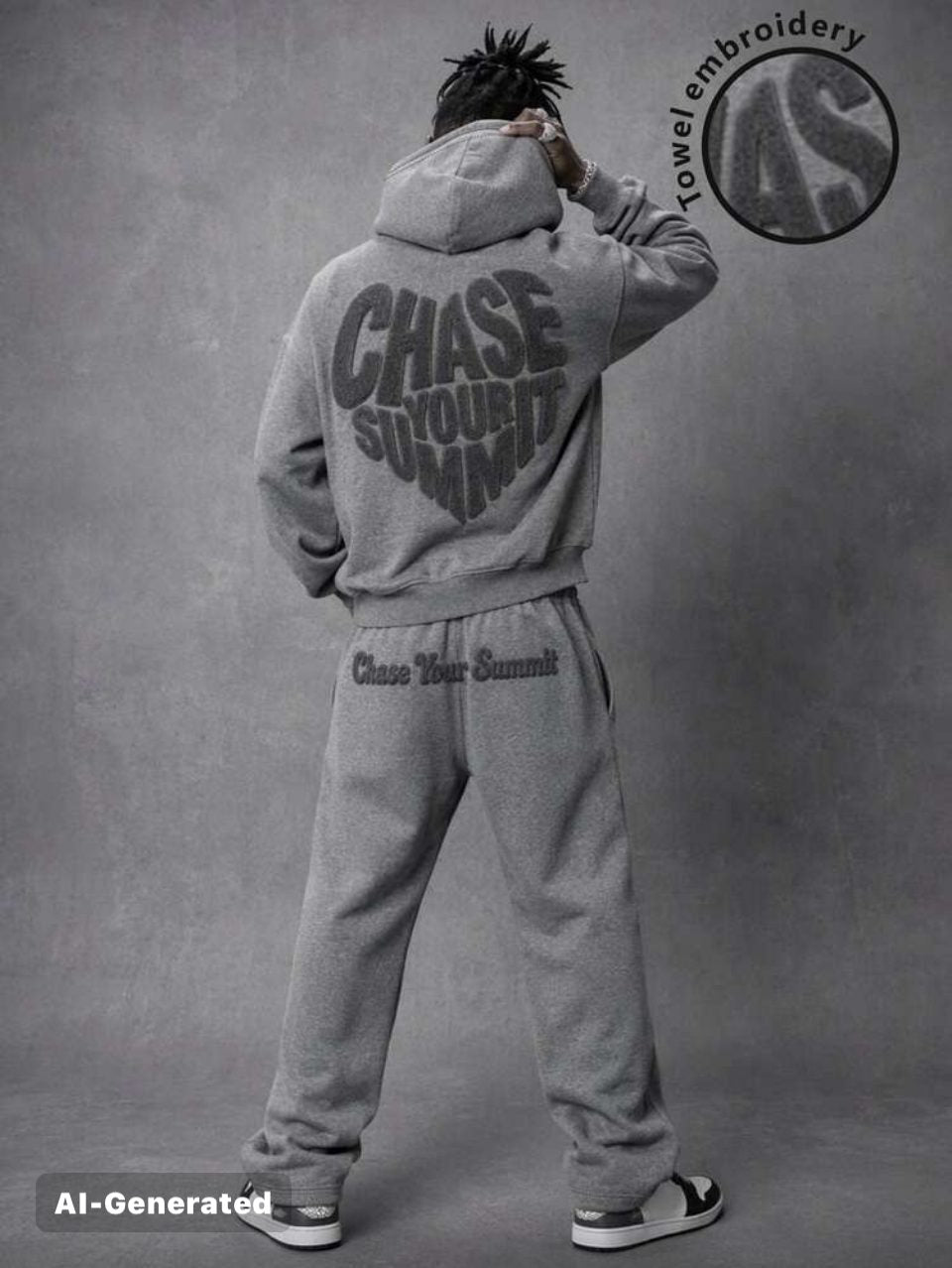 Chase Your Summit Hoodie and Joggers Set Grey - Towel Embroidery Tracksuit