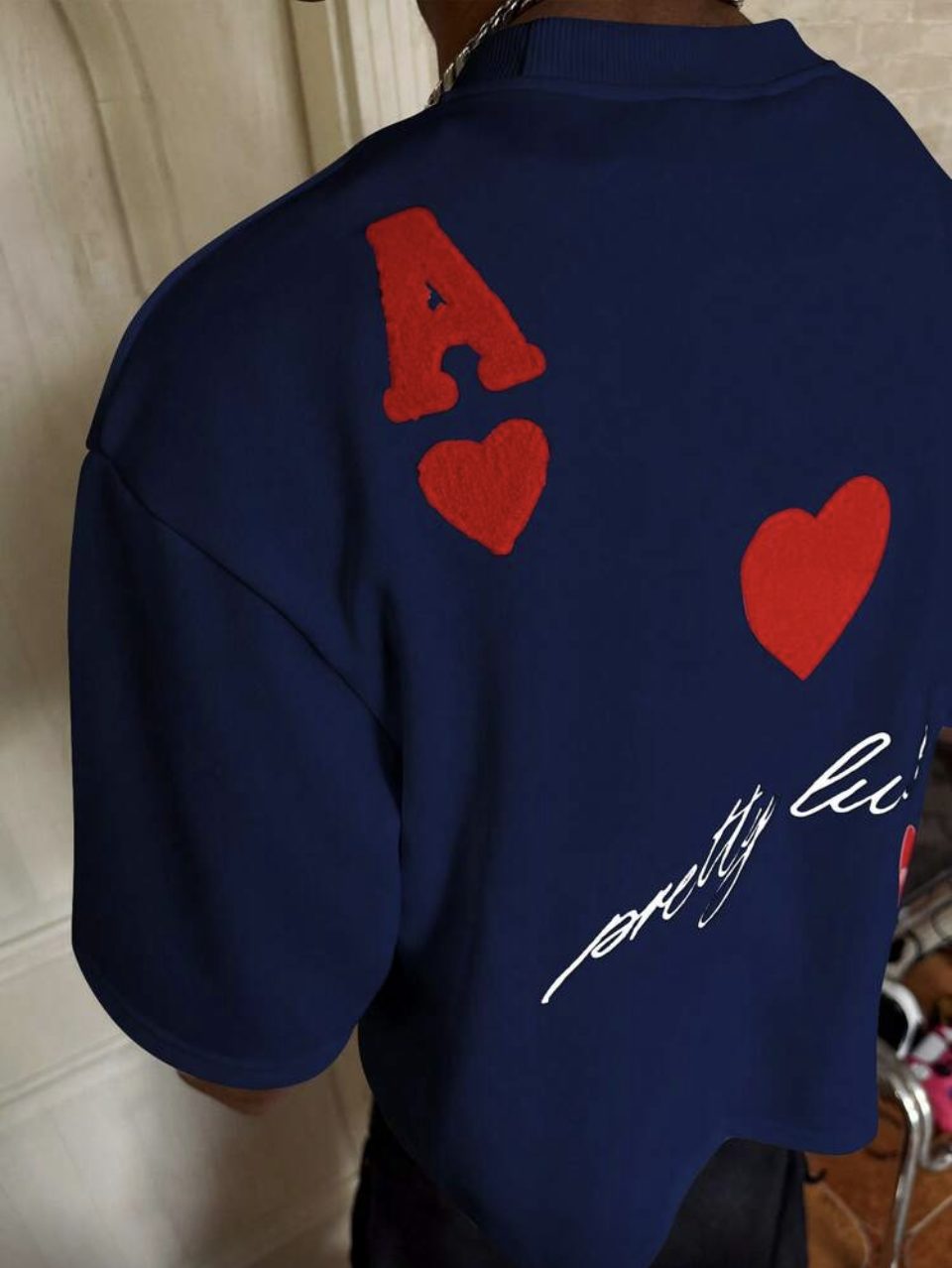 Pretty Lucky Ace of Hearts T-Shirt Navy - Red Patch Oversized Tee