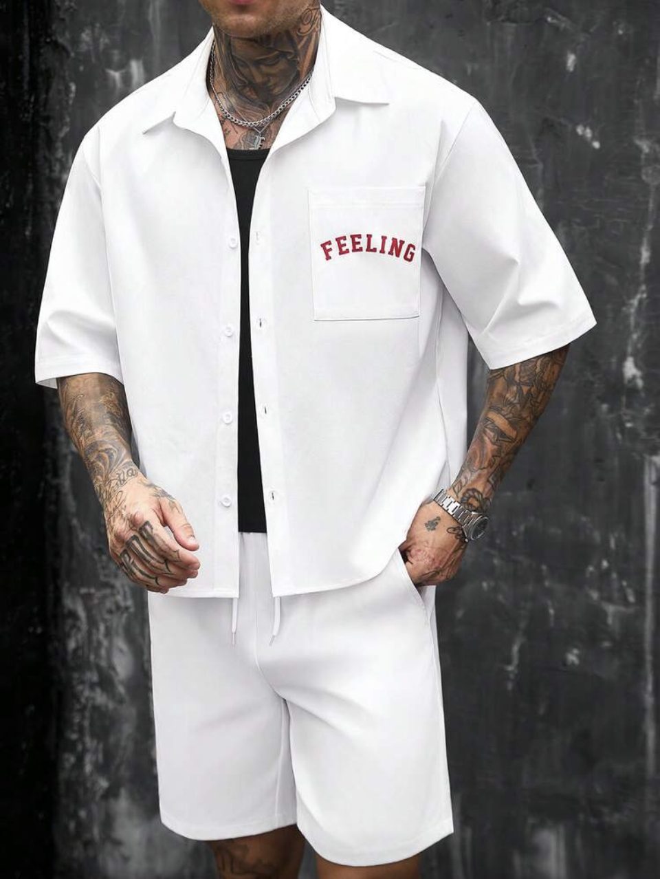 Feeling Embroidered Shirt and Shorts Set White - Red Back Print Two Piece