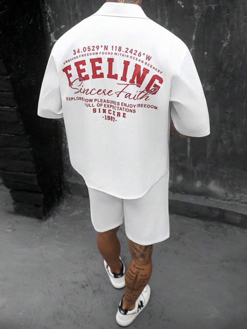 Feeling Embroidered Shirt and Shorts Set White - Red Back Print Two Piece