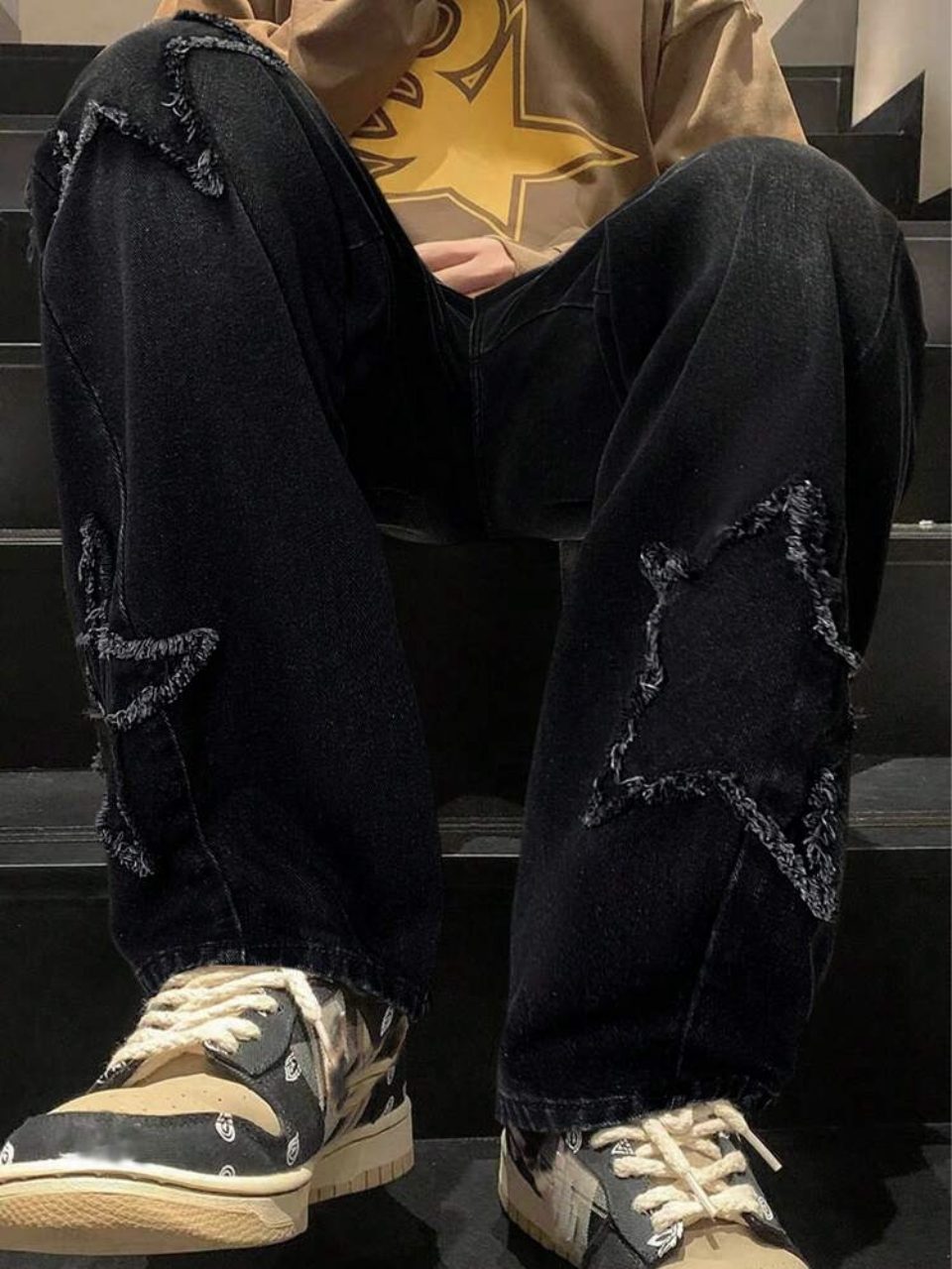 Star Patch Baggy Jeans Black - Distressed Star Wide Leg Denim