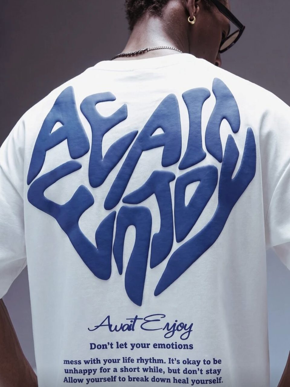 Await Enjoy Heart T-Shirt White - Blue Puff Print Oversized Tee