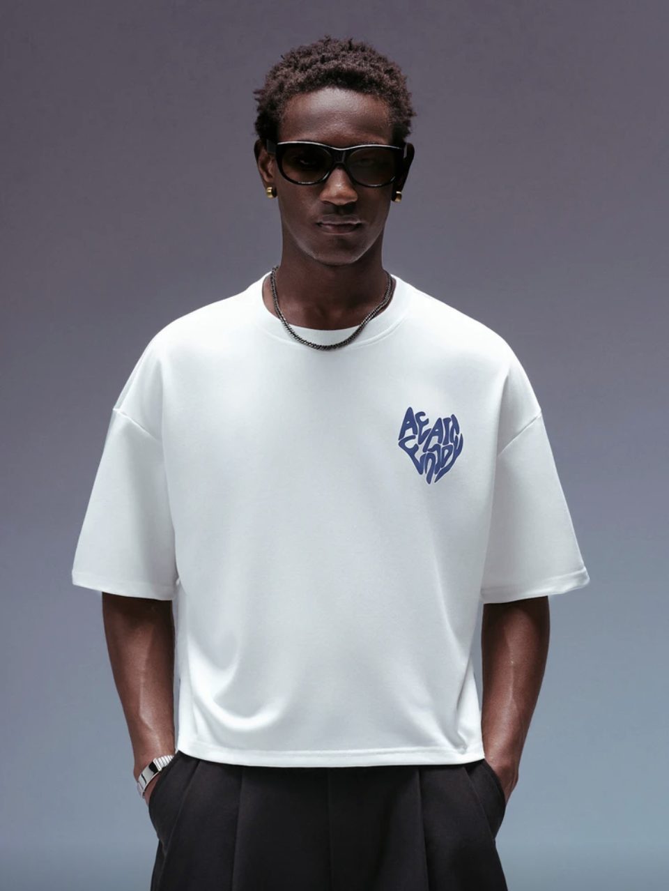 Await Enjoy Heart T-Shirt White - Blue Puff Print Oversized Tee