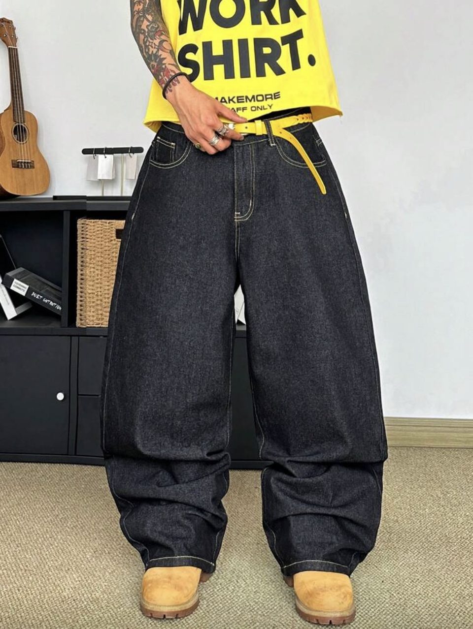 Star Soft Baggy Jeans Raw Black - Yellow Star Embroidery Wide Leg