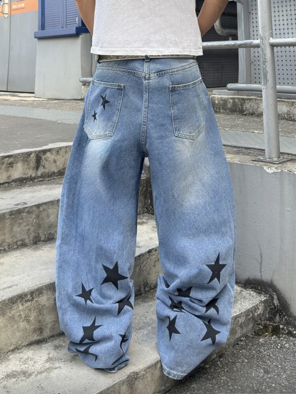 Star Print Baggy Jeans Light Blue - Black Stars Wide Leg Denim