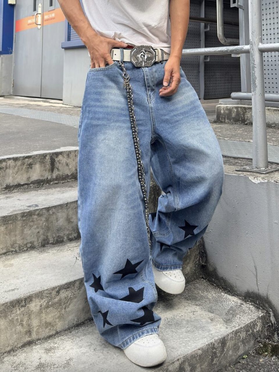 Star Print Baggy Jeans Light Blue - Black Stars Wide Leg Denim