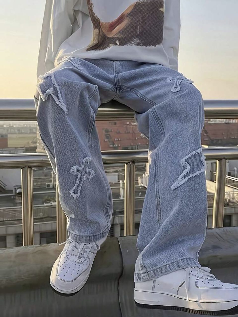 Cross Patch Jeans Light Blue - Distressed Wide Leg Denim