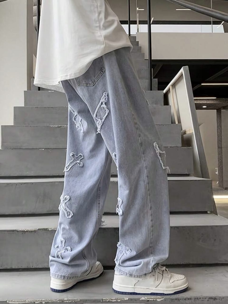 Cross Patch Jeans Light Blue - Distressed Wide Leg Denim