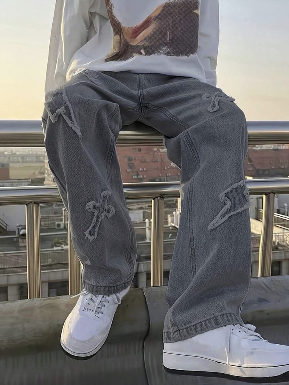Cross Patch Jeans Grey - Distressed Wide Leg Denim