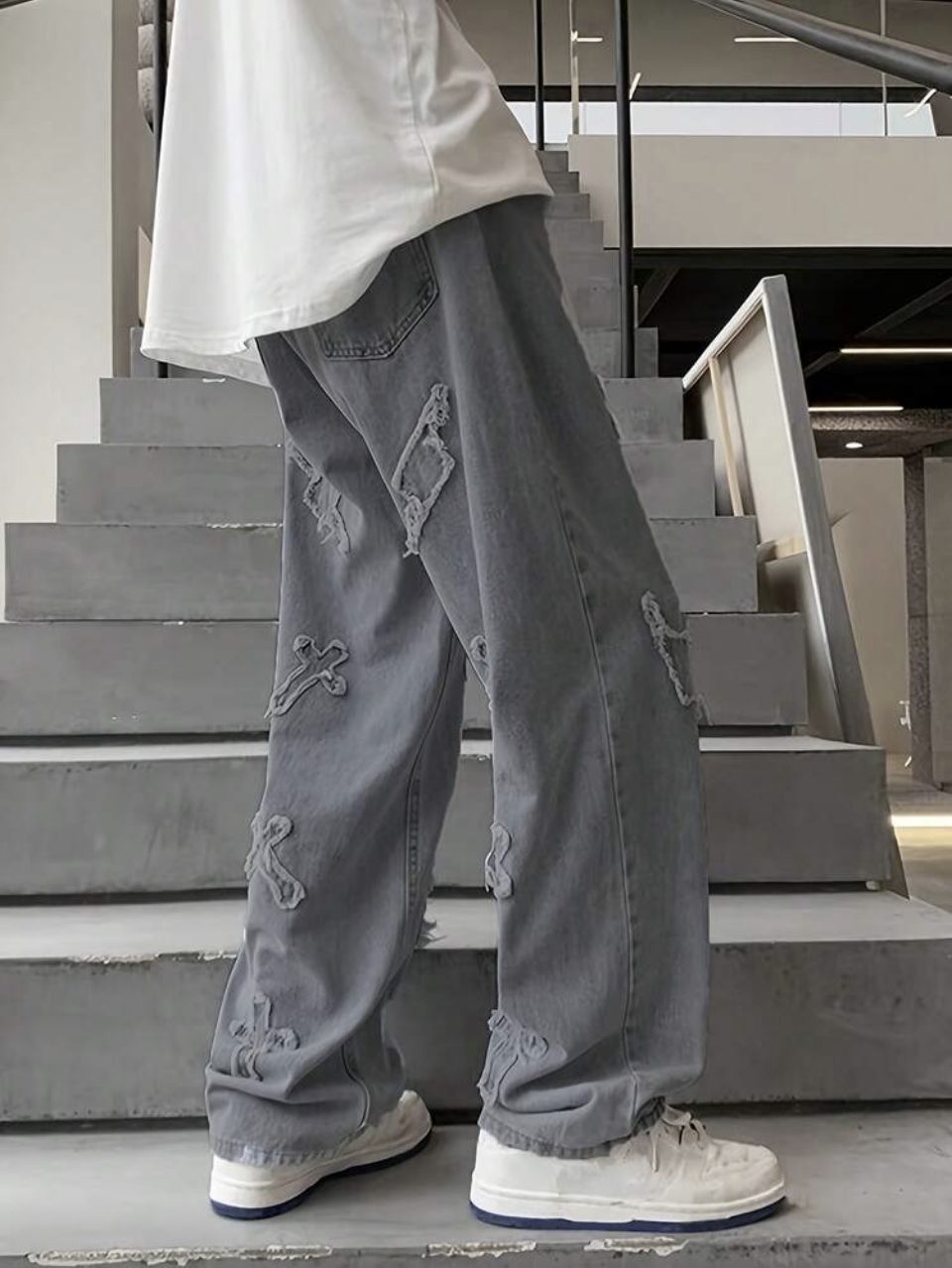 Cross Patch Jeans Grey - Distressed Wide Leg Denim