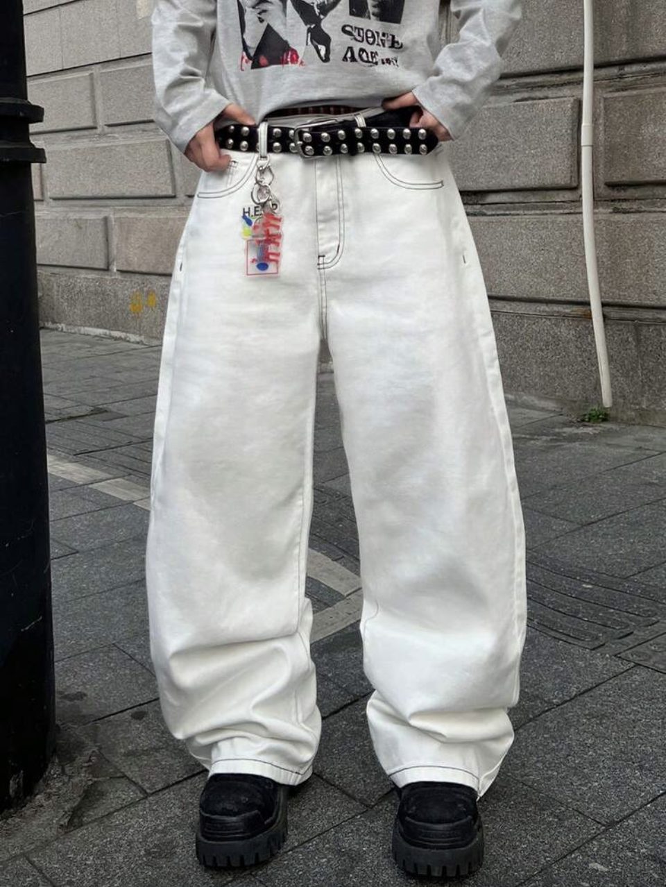 White Baggy Jeans - Bandana Print Pocket Wide Leg Denim