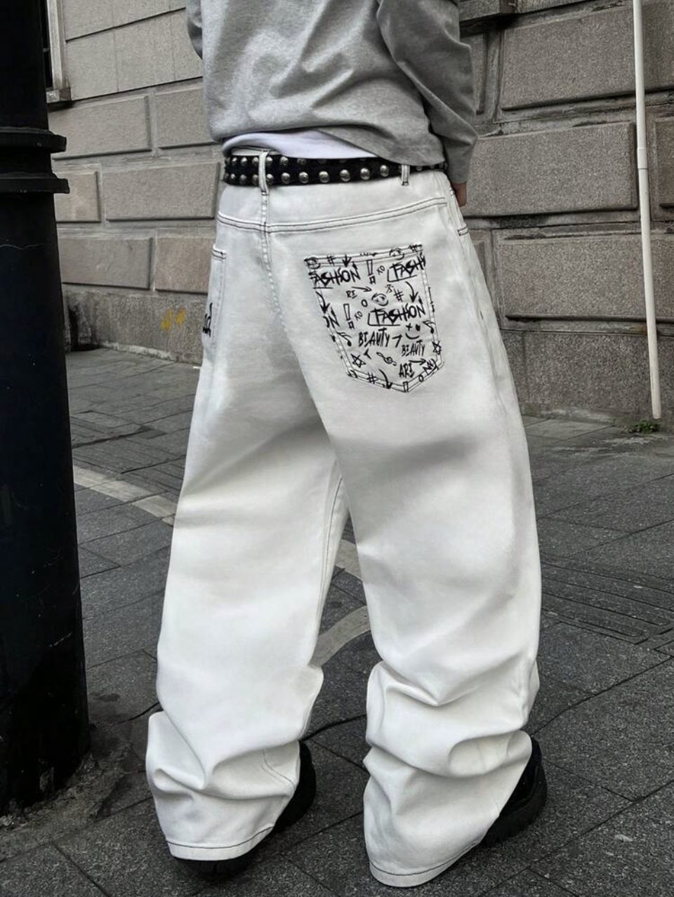 White Baggy Jeans - Bandana Print Pocket Wide Leg Denim