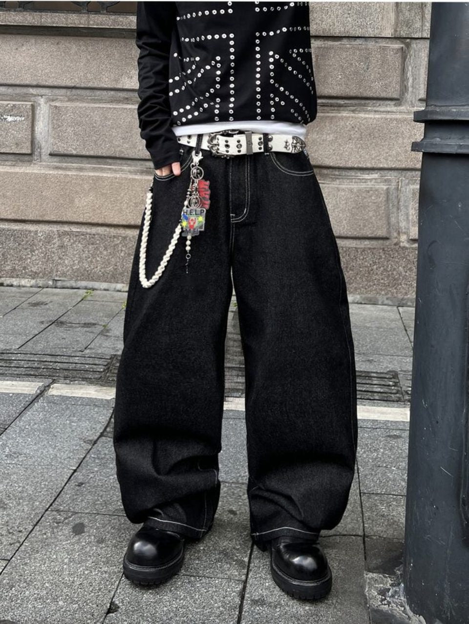 Bandana Pocket Baggy Jeans Black - Gothic Letter Embroidery