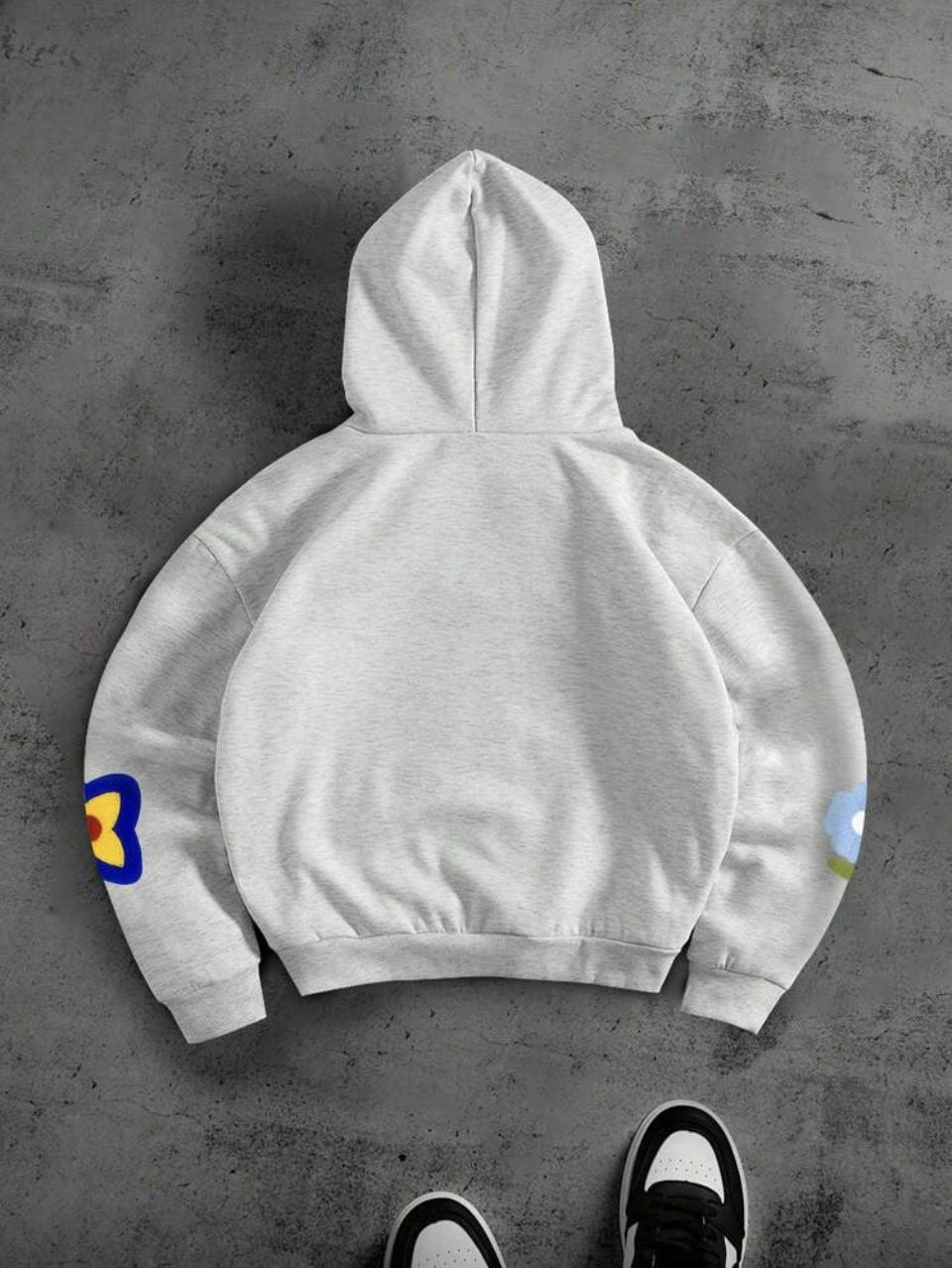 Flower Patch Hoodie Grey - Colourful Towel Embroidery Oversized Hoodie
