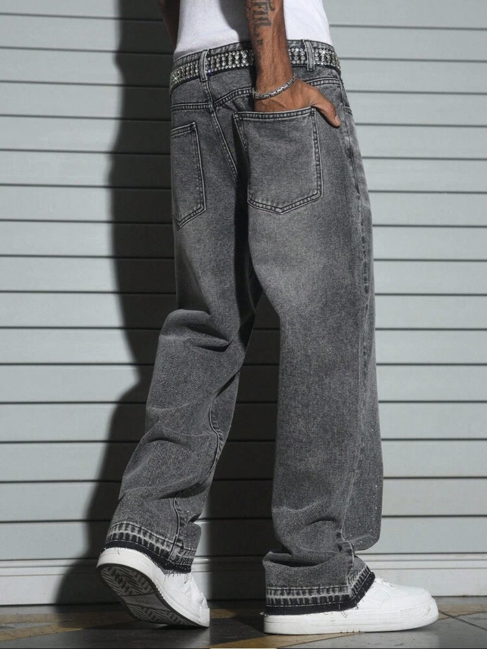 Infinite Baggy Jeans Grey - Star Print Wide Leg Denim