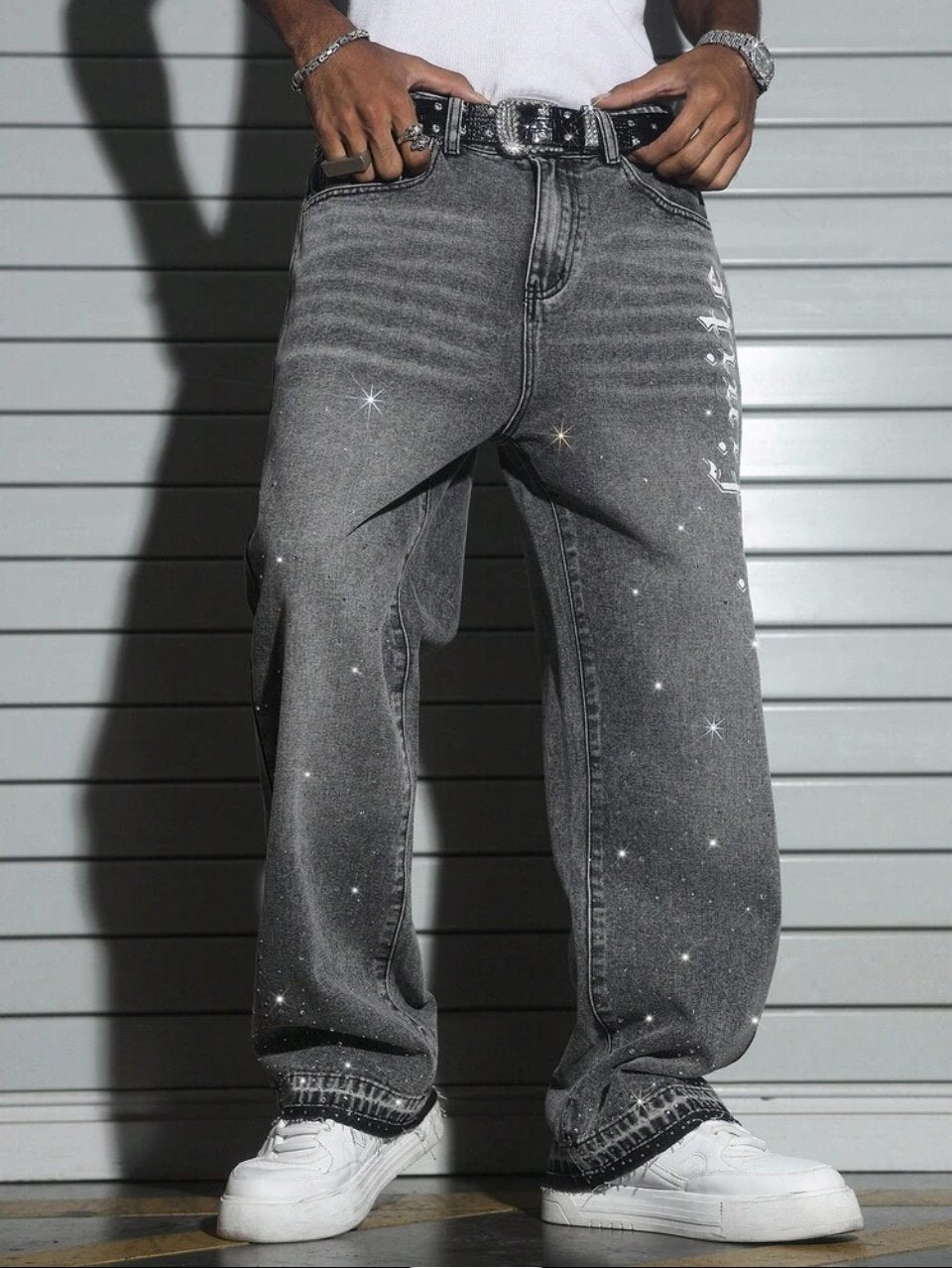 Infinite Baggy Jeans Grey - Star Print Wide Leg Denim