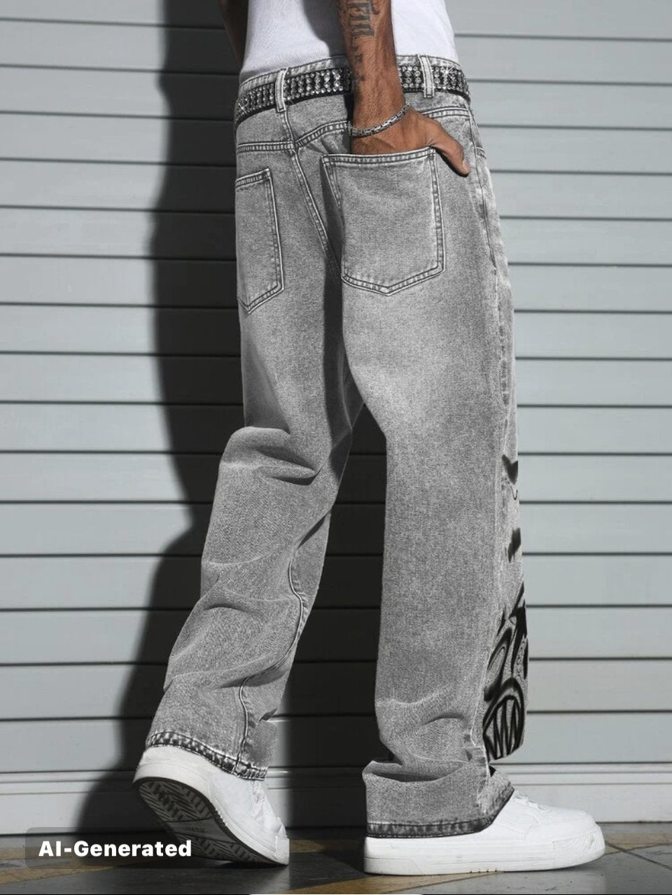 Stay Wild Baggy Jeans Light Grey - Graffiti Print Wide Leg Denim