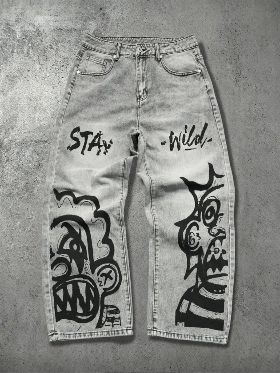 Stay Wild Baggy Jeans Light Grey - Graffiti Print Wide Leg Denim