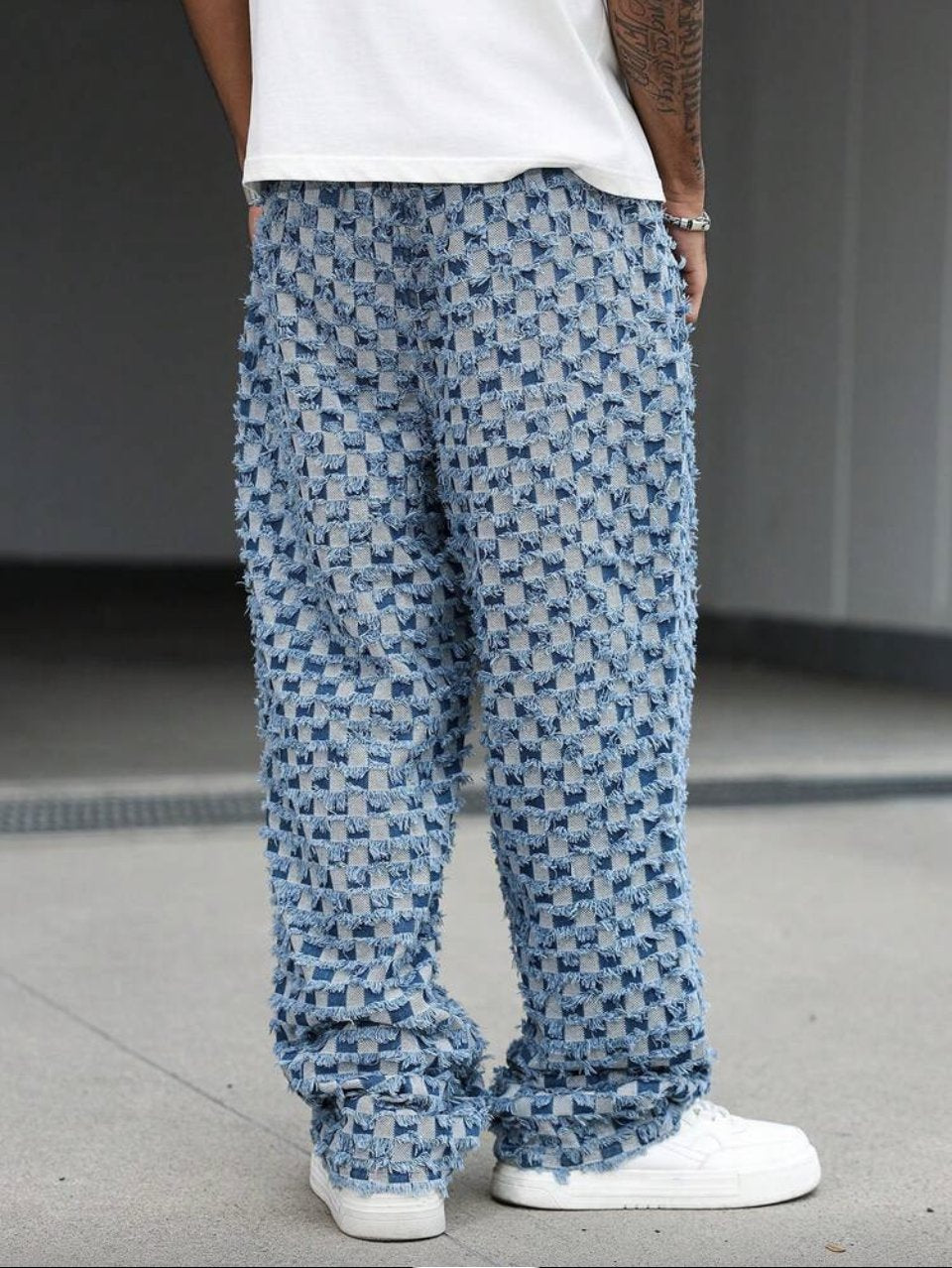 Checkered Baggy Jeans Light Blue - Drawstring Wide Leg Denim