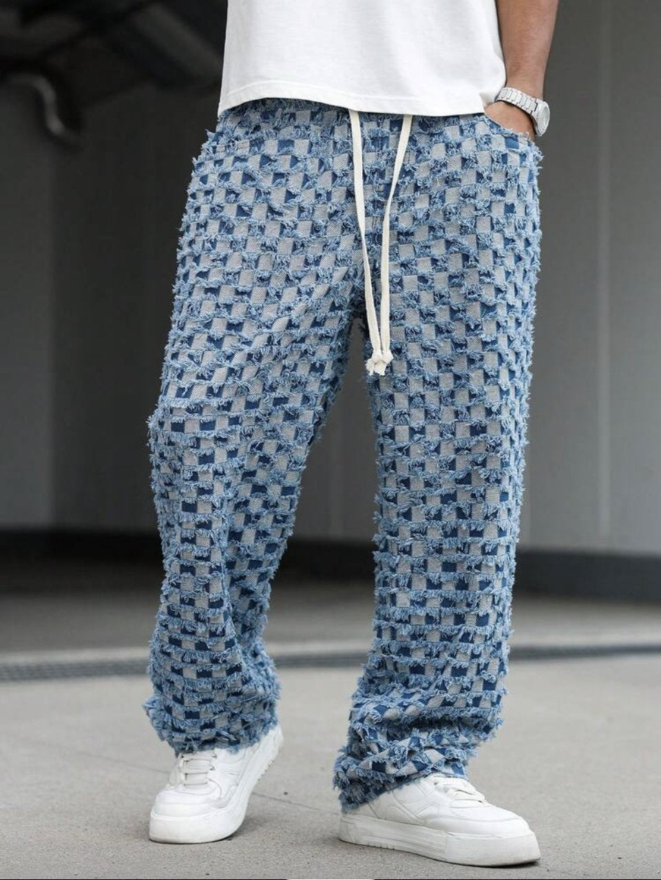 Checkered Baggy Jeans Light Blue - Drawstring Wide Leg Denim