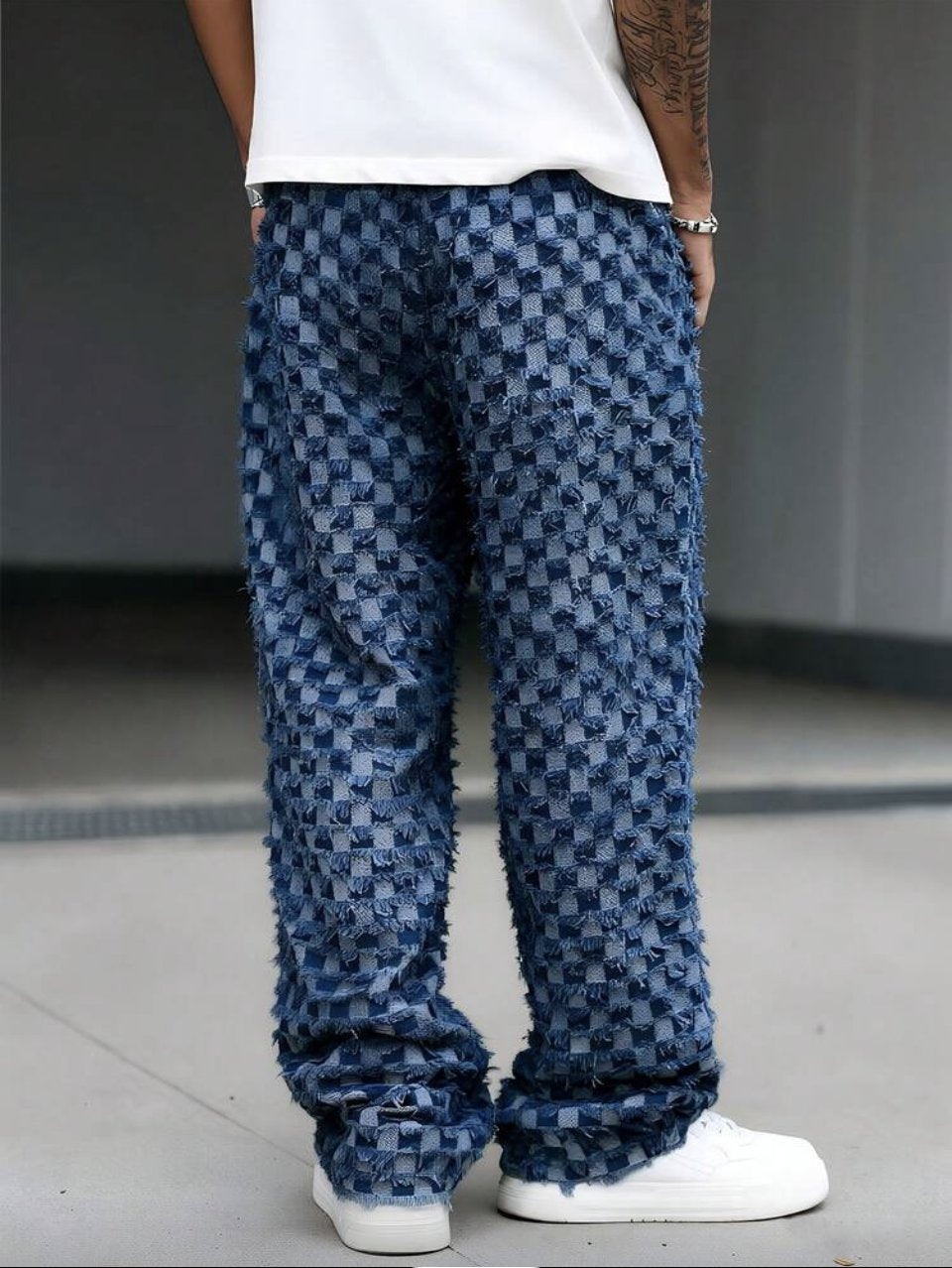 Checkered Baggy Jeans Dark Blue - Drawstring Wide Leg Denim