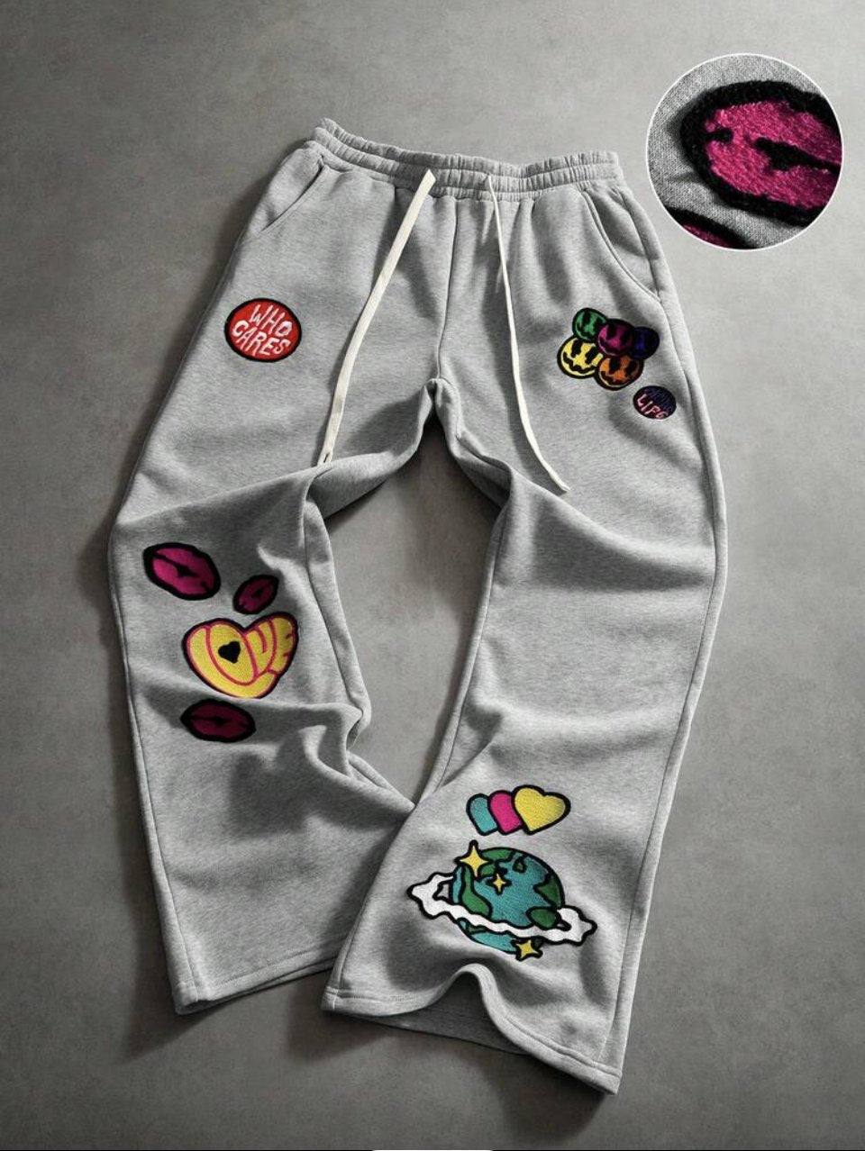 Facing Life Patch Joggers Grey - Chenille Smiley Patches Flared Sweatpants