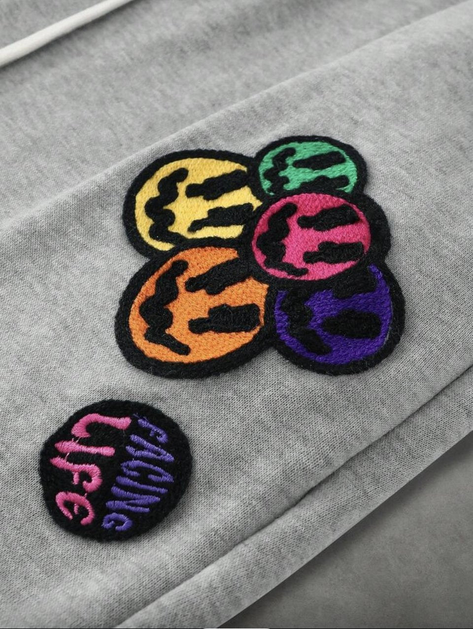 Facing Life Patch Joggers Grey - Chenille Smiley Patches Flared Sweatpants