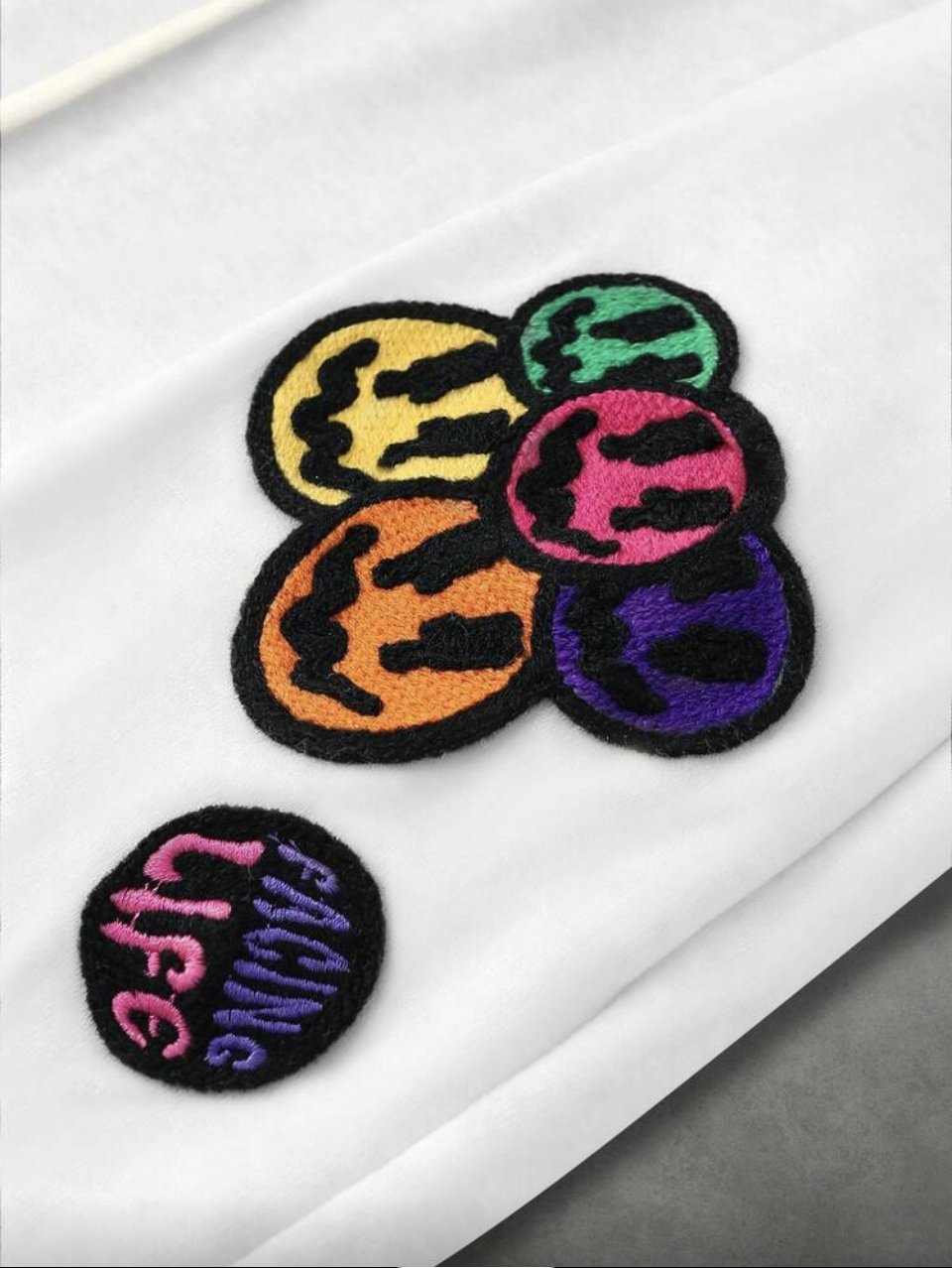 Facing Life Patch Joggers White - Chenille Smiley Patches Flared Sweatpants