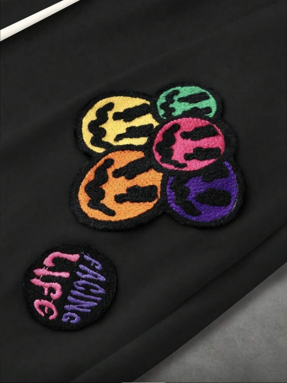Facing Life Patch Joggers Black - Chenille Smiley Patches Flared Sweatpants