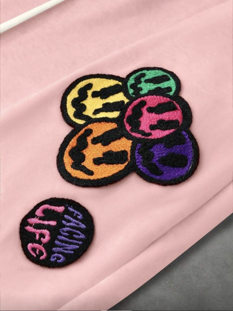Facing Life Patch Joggers Pink - Chenille Smiley Patches Flared Sweatpants