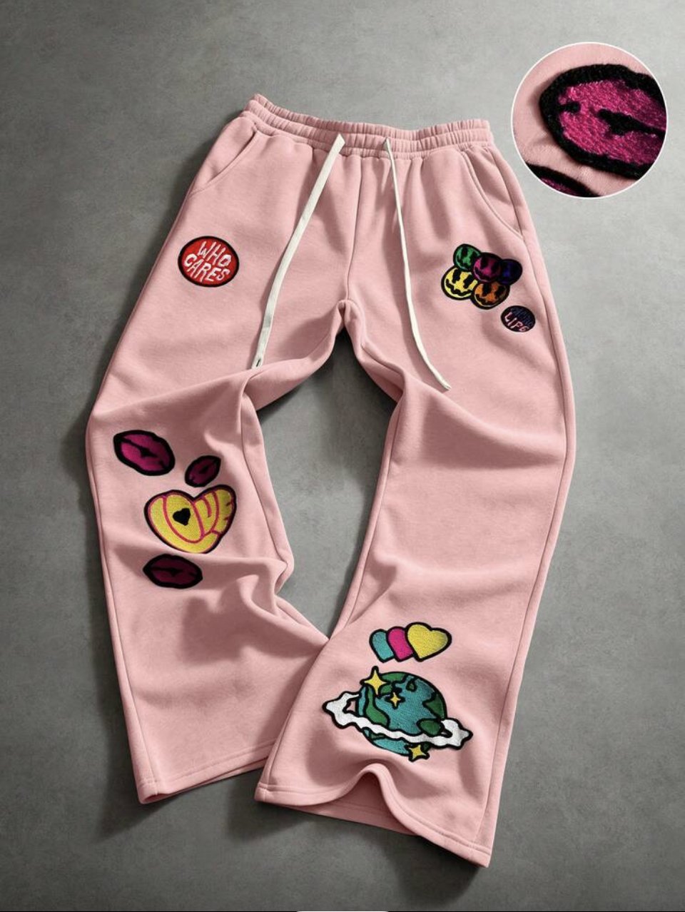 Facing Life Patch Joggers Pink - Chenille Smiley Patches Flared Sweatpants