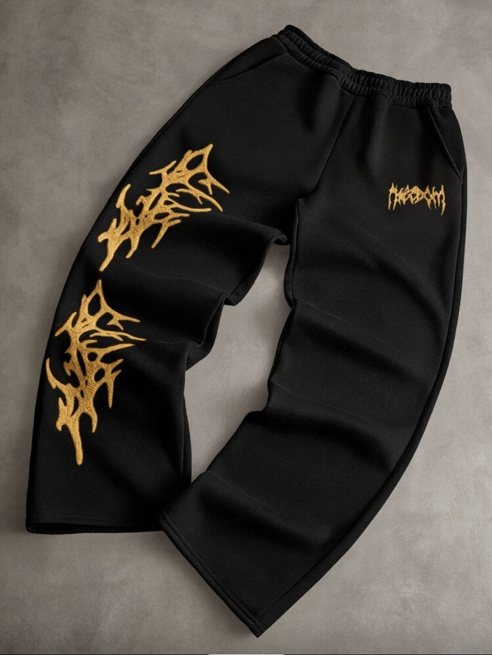 Barbed Flame Embroidered Joggers Black - Gold Gothic Wide Leg Sweatpants