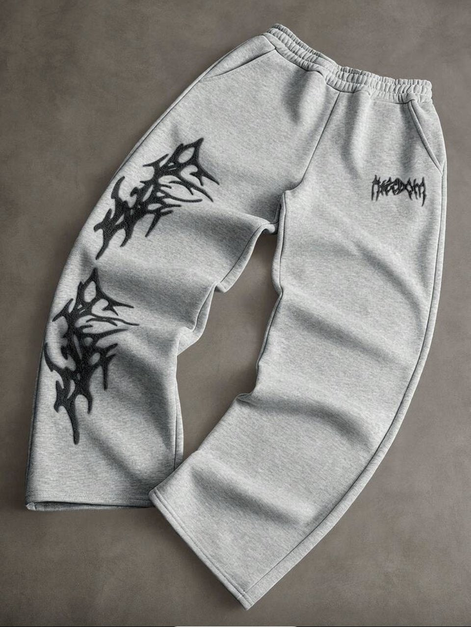 Barbed Flame Embroidered Joggers Grey - Black Gothic Wide Leg Sweatpants
