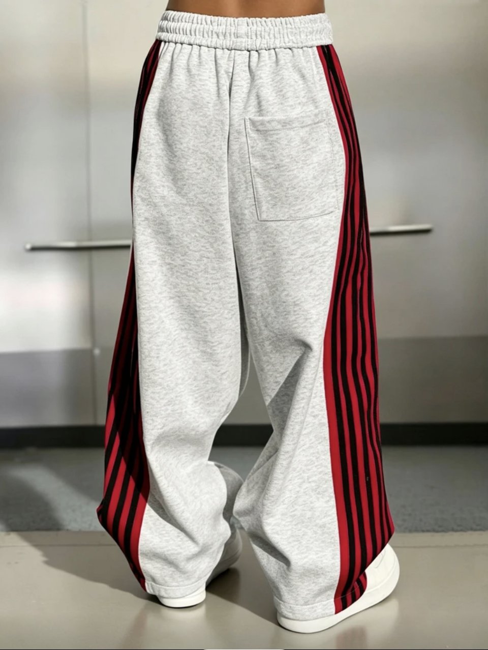 Red Stripe Wide Leg Joggers Grey - Baggy Track Sweatpants