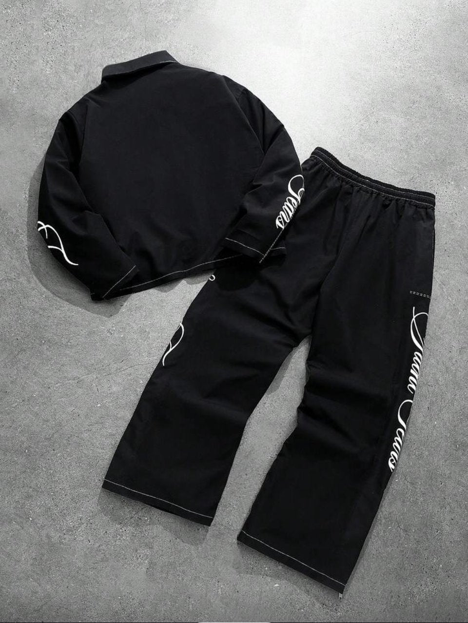 Script Embroidered Jacket and Pants Set Black - Contrast Stitch Two Piece