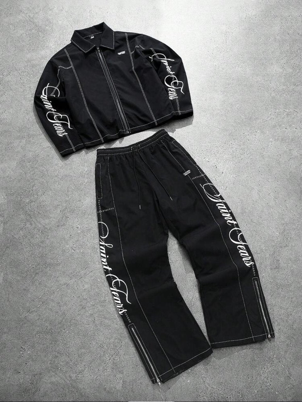 Script Embroidered Jacket and Pants Set Black - Contrast Stitch Two Piece
