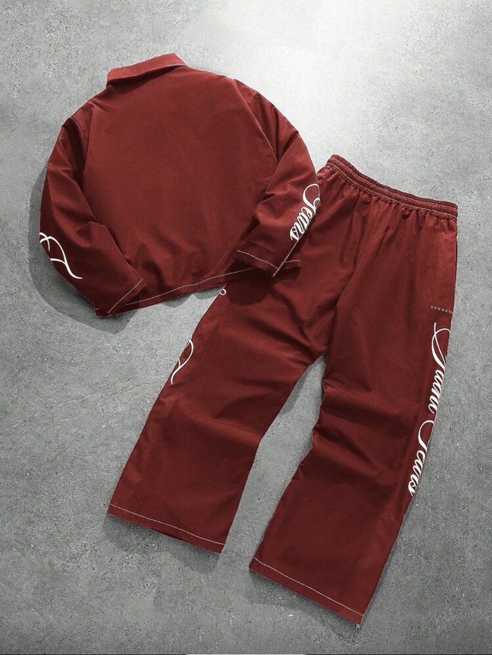 Script Embroidered Jacket and Pants Set Burgundy - Contrast Stitch Two Piece
