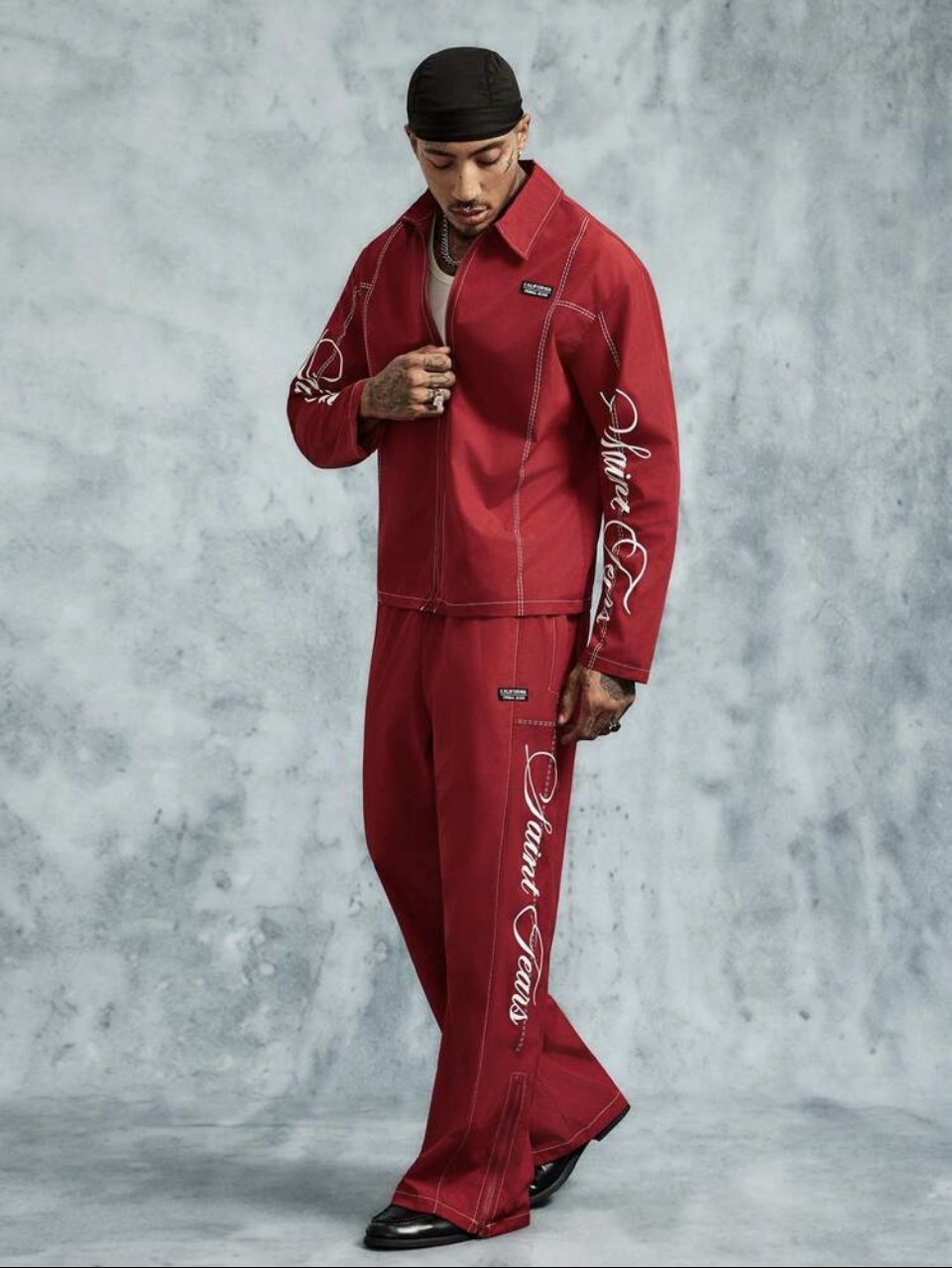 Script Embroidered Jacket and Pants Set Burgundy - Contrast Stitch Two Piece