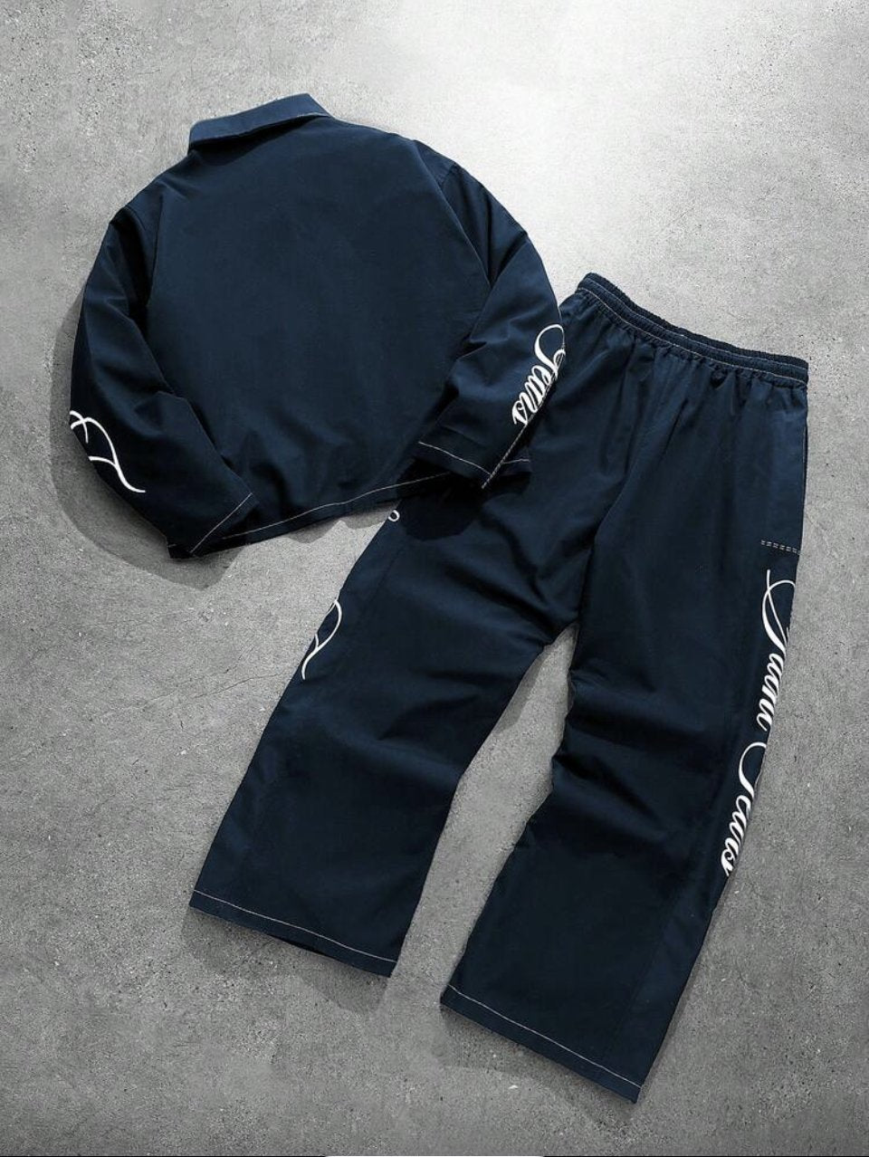 Script Embroidered Jacket and Pants Set Navy - Contrast Stitch Two Piece