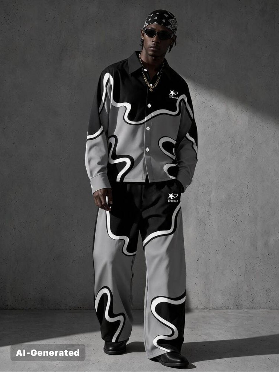 Wave Pattern Shirt and Pants Set Black Grey - Two Piece Streetwear Set