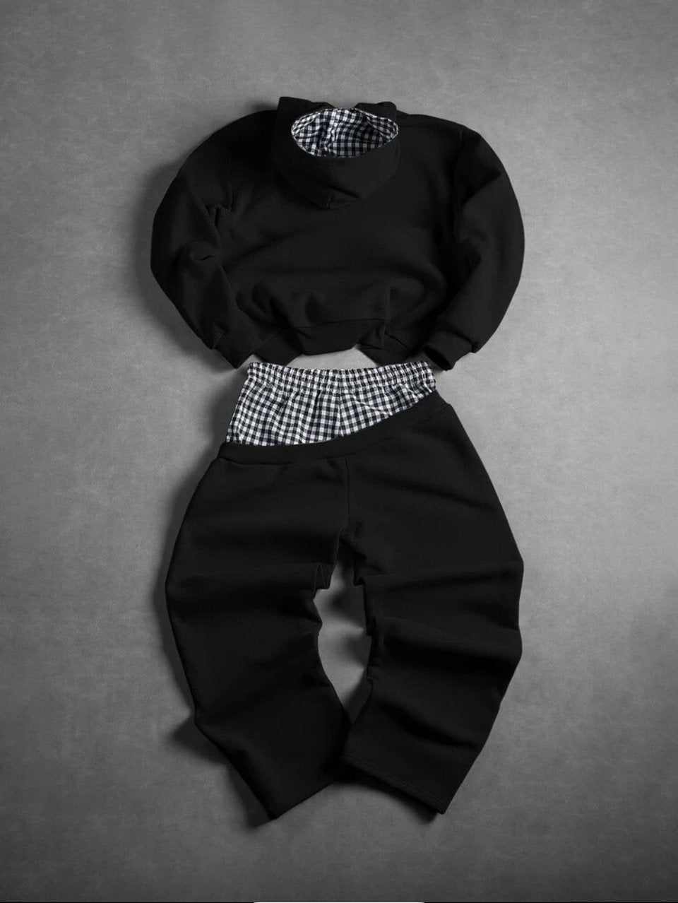 Zip Hoodie and Joggers Set Black - Gingham Lining Baggy Tracksuit