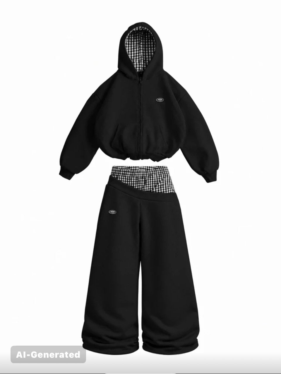 Zip Hoodie and Joggers Set Black - Gingham Lining Baggy Tracksuit