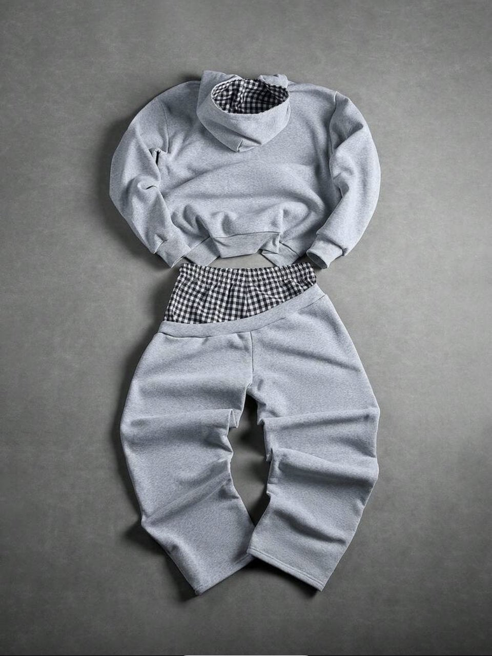 Zip Hoodie and Joggers Set Grey - Gingham Lining Baggy Tracksuit