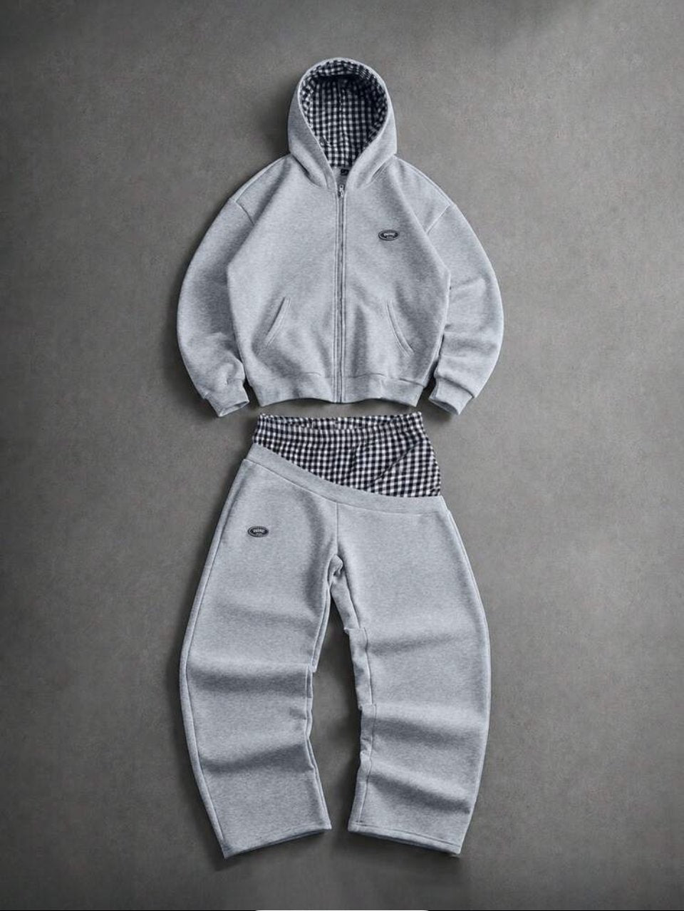 Zip Hoodie and Joggers Set Grey - Gingham Lining Baggy Tracksuit